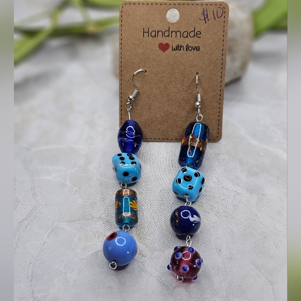Blue Glass beaded dangle earrings.